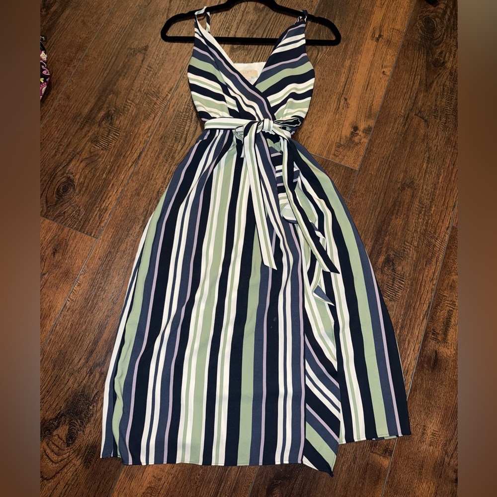 LOFT Navy and Green Striped Maxi Dress